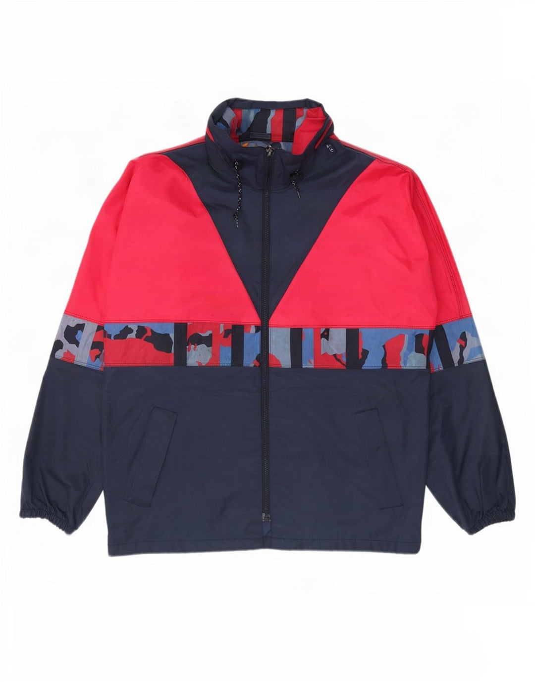 Męska kurtka przeciwdeszczowa z kapturem w stylu vintage UK 38 Średni granatowy nylon w blokach kolorów