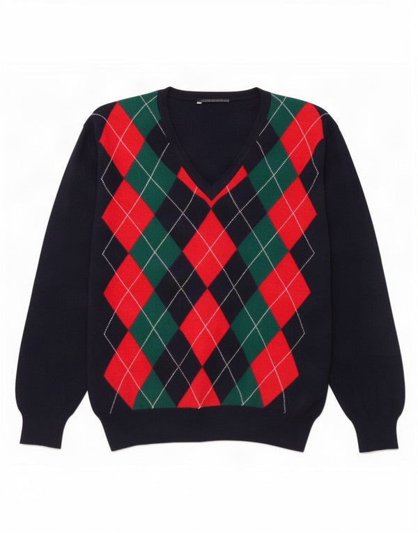Vintage męski sweter z dekoltem w szpic, duży granatowy Argyle/diamentowa wełna