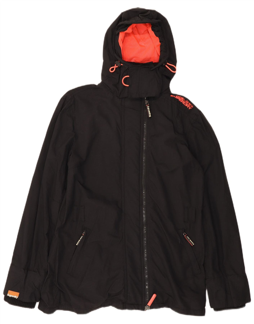 SUPERDRY Damska kurtka przeciwdeszczowa z kapturem Windmac Graphic UK 16, duża, czarna nylonowa