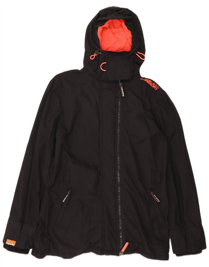 SUPERDRY Damska kurtka przeciwdeszczowa z kapturem Windmac Graphic UK 16, duża, czarna nylonowa