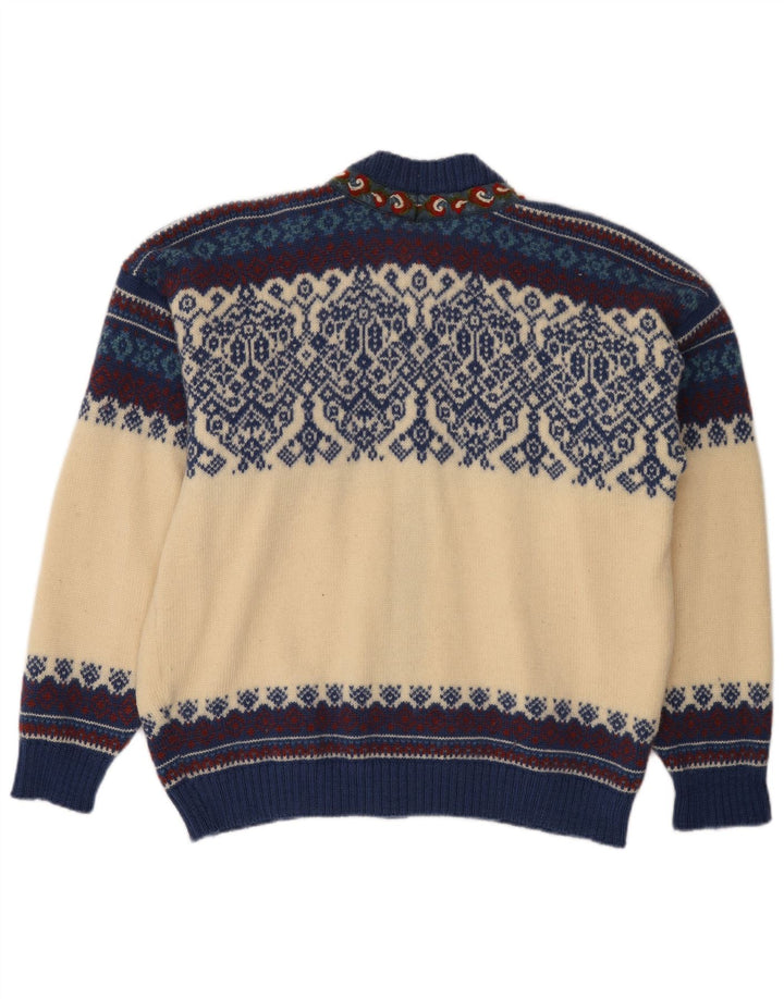 Vintage męski sweter rozpinany, duży, w kolorze złamanej bieli, Fair Isle