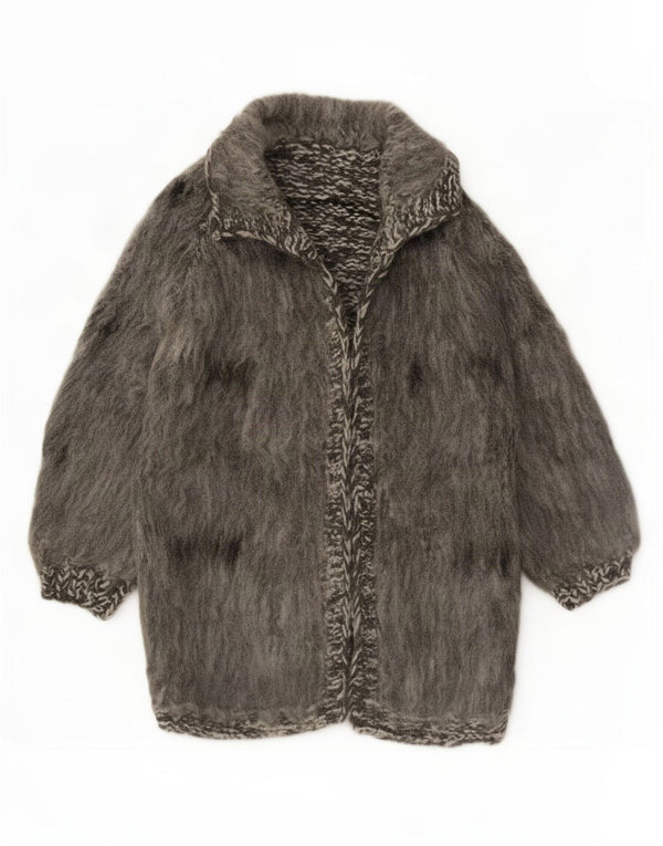 Vintage damski sweter rozpinany o długim kroju, UK 16, duży, szary, nakrapiany