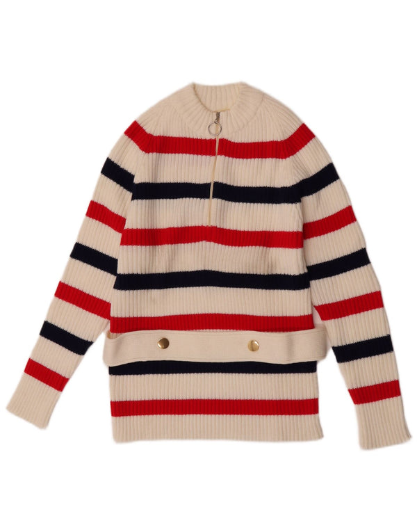 Vintage damski sweter z zamkiem błyskawicznym UK 12, akryl w średnie białe paski