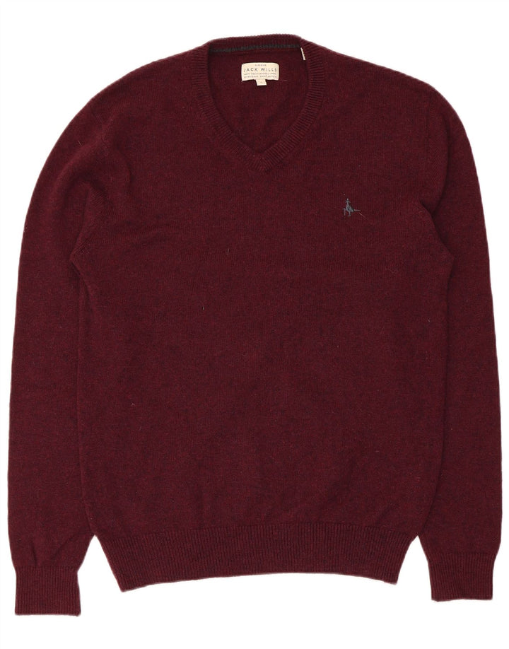 JACK WILLS Męski sweter z dekoltem w kształcie litery V, duży, bordowy, z wełny merynosów
