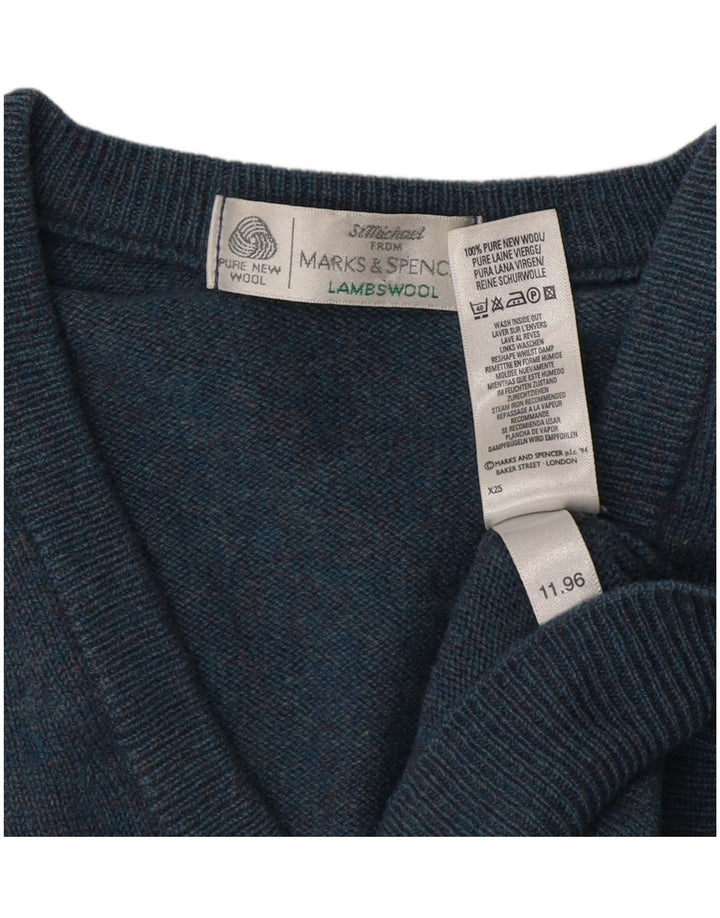 Marks & Spencer Męski sweter z dekoltem w kształcie litery V, mały, niebieski, z owczej wełny