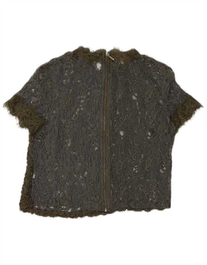 Damski krótki, koronkowy top Zara, prześwitujący, UK 10, mały, khaki, w kwiaty