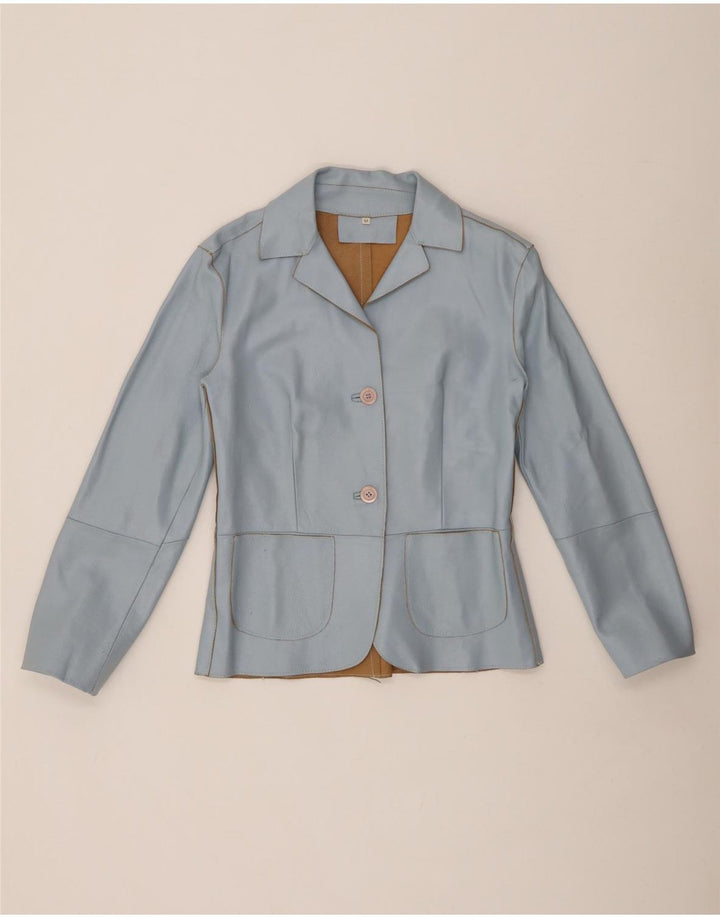 Damska marynarka skórzana zapinana na 2 guziki w stylu vintage, UK 12, średni niebieski