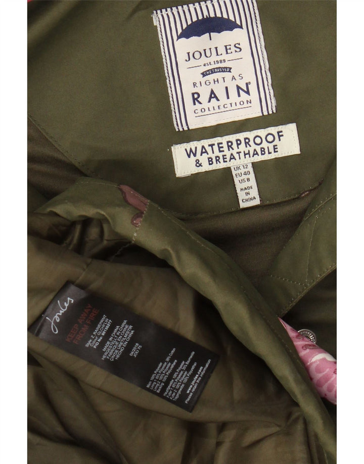 Damski płaszcz przeciwdeszczowy z kapturem JOULES UK 12, średni khaki, poliester w kwiaty