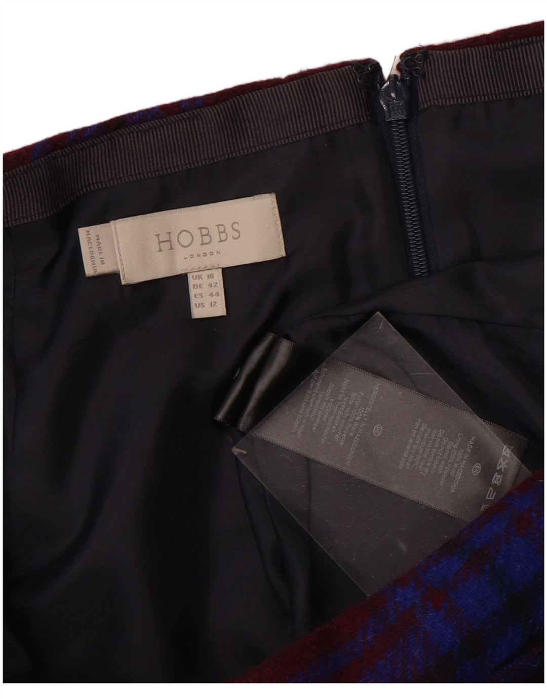 HOBBS Damska spódnica w kształcie litery A UK 16, duża, W36, wełniana w bordową kratę