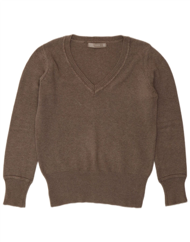 Sweter damski Zara z dekoltem w kształcie litery V, UK 14, średni brąz
