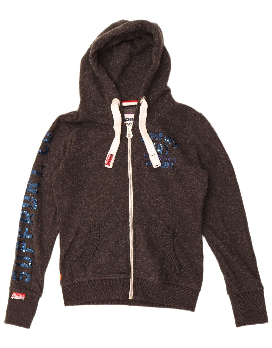 Damski sweter z kapturem Superdry z grafiką i zamkiem błyskawicznym, UK 10, mały, szary poliester