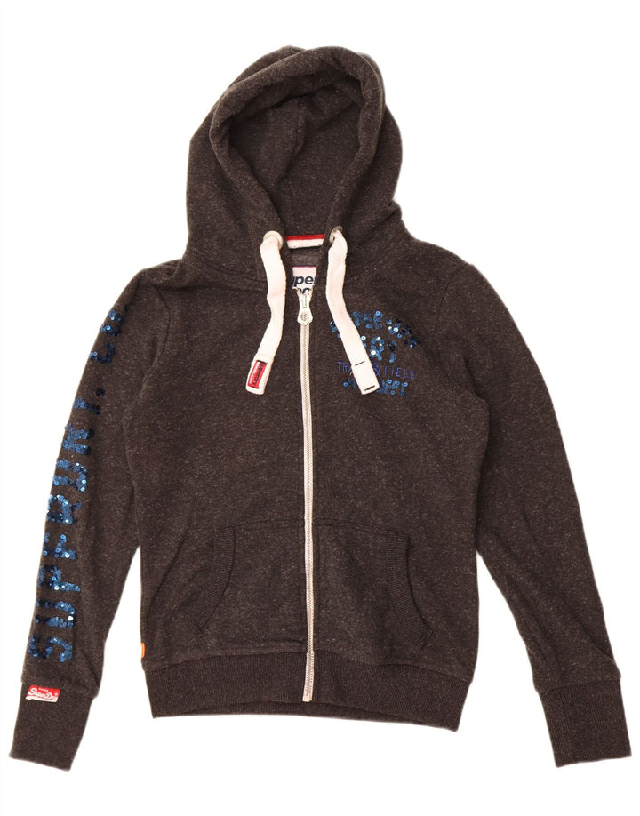 Damski sweter z kapturem Superdry z grafiką i zamkiem błyskawicznym, UK 10, mały, szary poliester