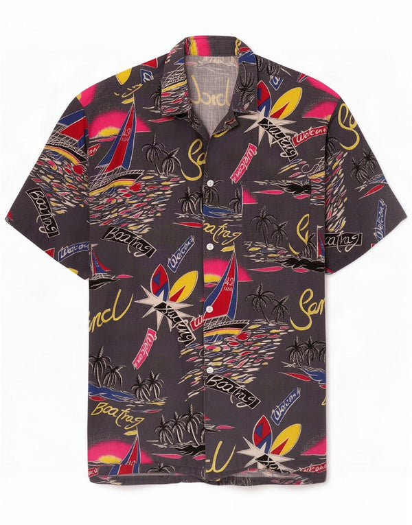 Męska koszula hawajska z krótkim rękawem w stylu vintage, mała, szara w kwiaty