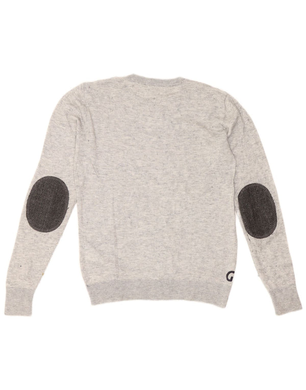 Damski sweter Guess z graficznym dekoltem w łódkę UK 10, mały, szary nakrapiany