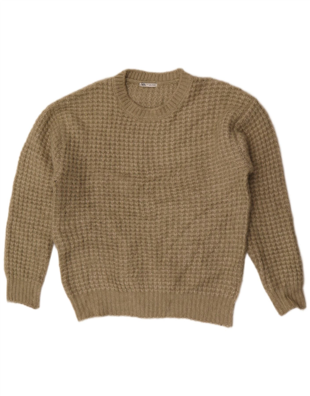 Męski sweter z okrągłym dekoltem Zara, duży, poliestrowy khaki