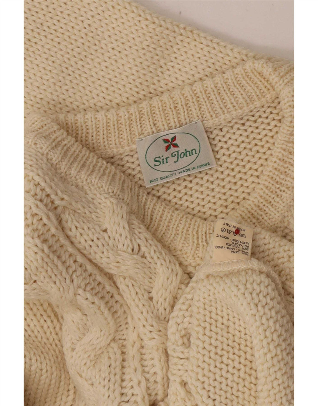 Vintage męski sweter z okrągłym dekoltem, średnio beżowa wełna