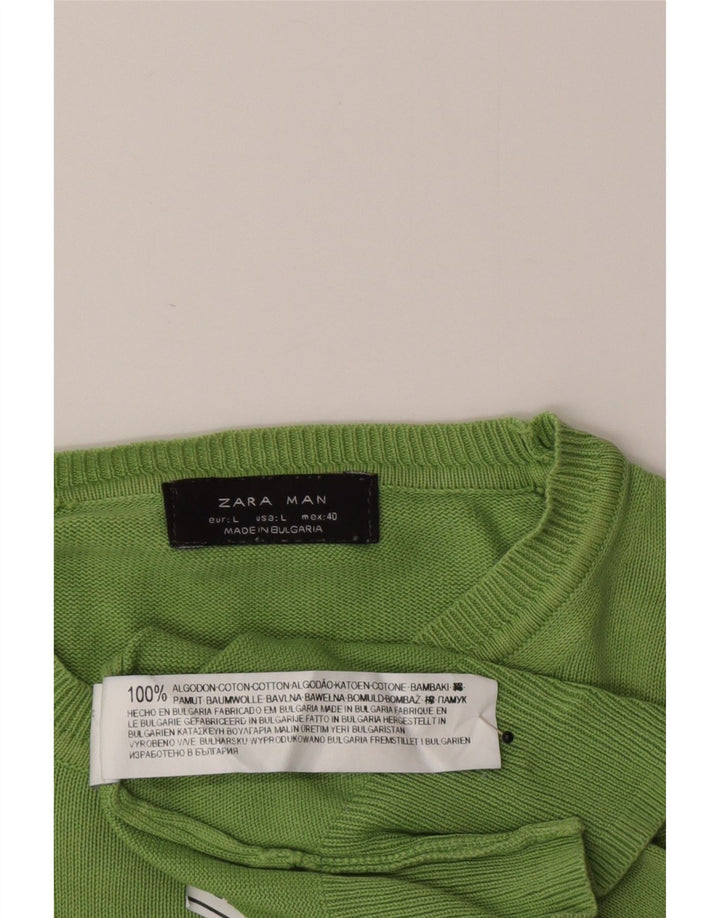 Męski sweter Zara z okrągłym dekoltem, duży, zielony, bawełniany