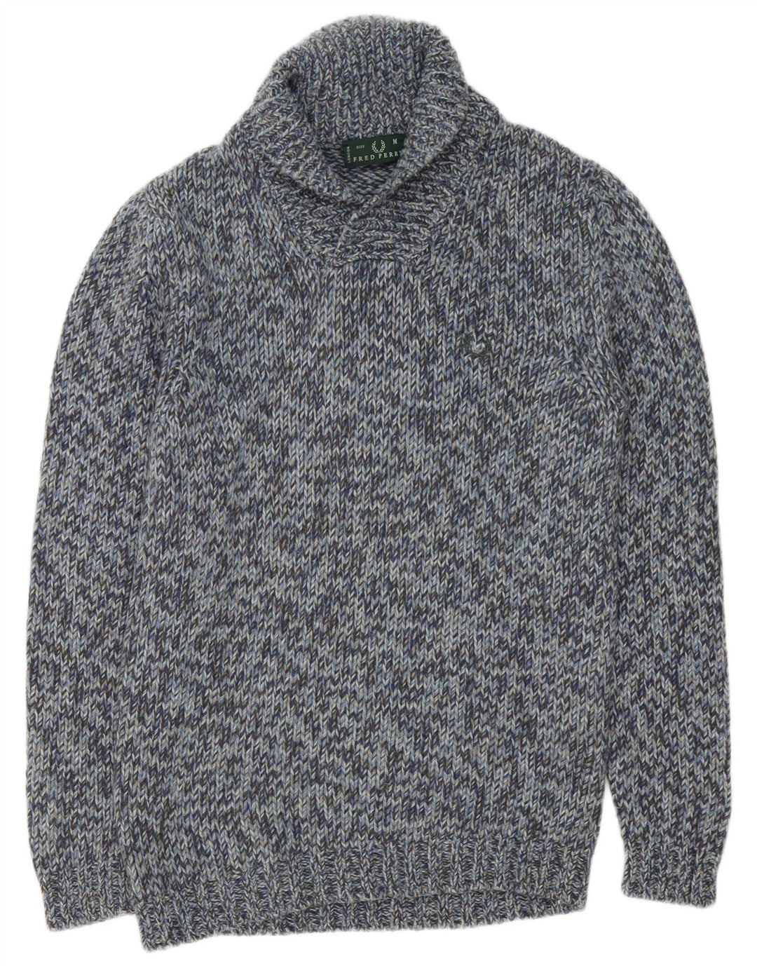 Męski sweter Fred Perry z szalowym dekoltem, średni niebieski, wełniany w cętki