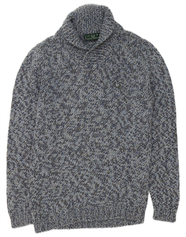 Męski sweter Fred Perry z szalowym dekoltem, średni niebieski, wełniany w cętki