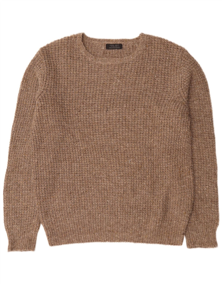 Męski sweter z okrągłym dekoltem Zara XL, brązowa wełna