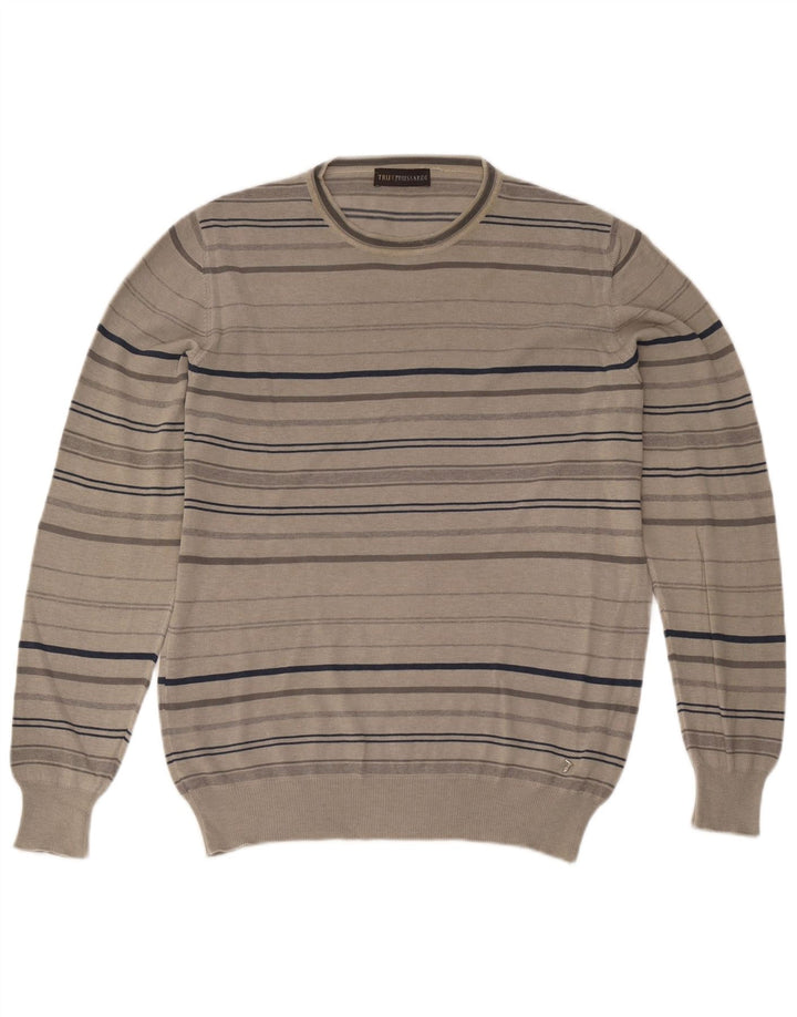 Męski sweter Trussardi z okrągłym dekoltem, duży, szary, bawełniany w paski