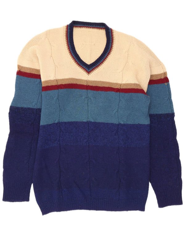 Vintage męski sweter z dekoltem w kształcie litery V, małe, wielokolorowe paski