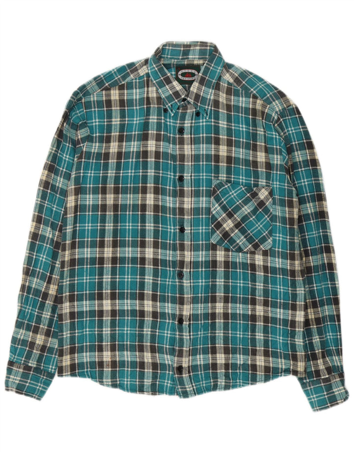 Vintage męska koszula flanelowa w małą niebieską kratkę, bawełniana