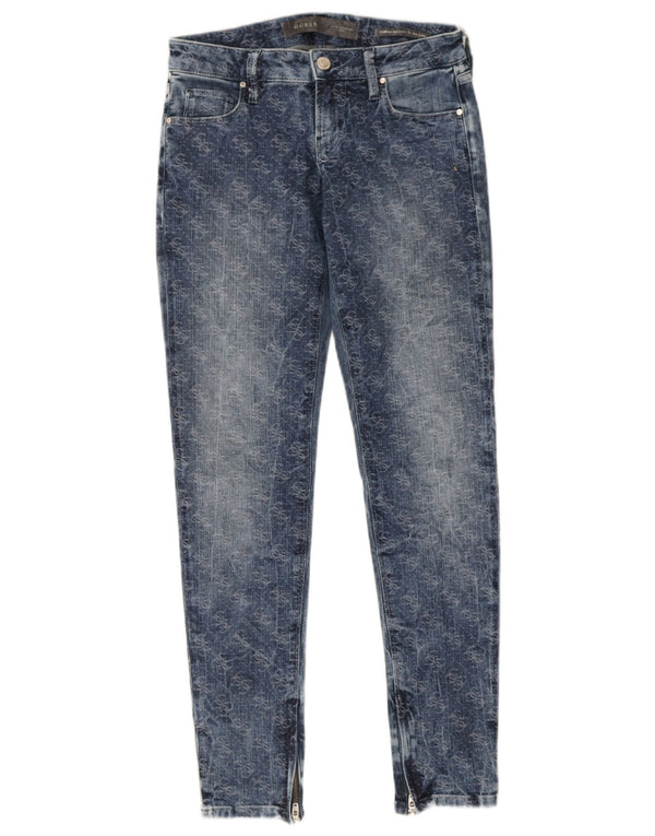 Guess Damskie jeansy obcisłe z grafiką i niską talią W25 L29 Niebieskie geometryczne
