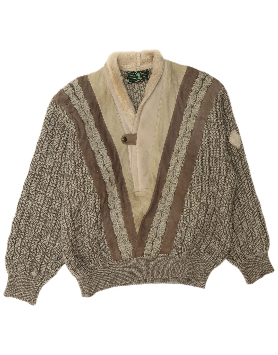 Sweter męski w stylu vintage z szalowym dekoltem, duży, szary, wełniany blok kolorów