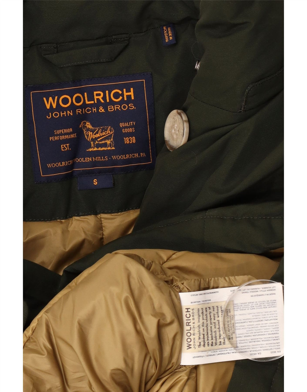 Damska, oversize'owa kurtka puchowa Woolrich UK 10, mała, bawełniana khaki