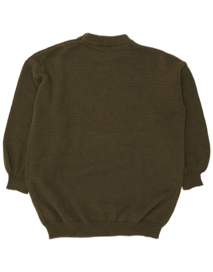 Vintage męski sweter z okrągłym dekoltem, duży poliester w kolorze khaki