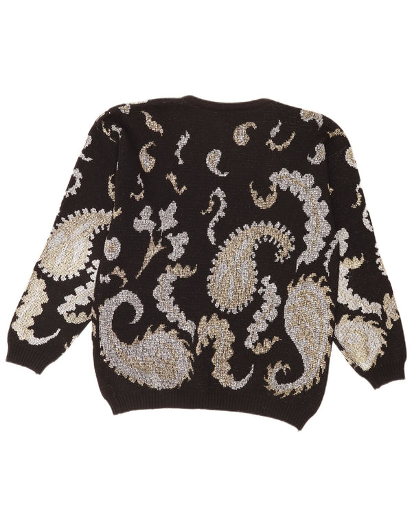 Vintage damski sweter z dekoltem w łódkę UK 14, duży czarny Paisley Retro
