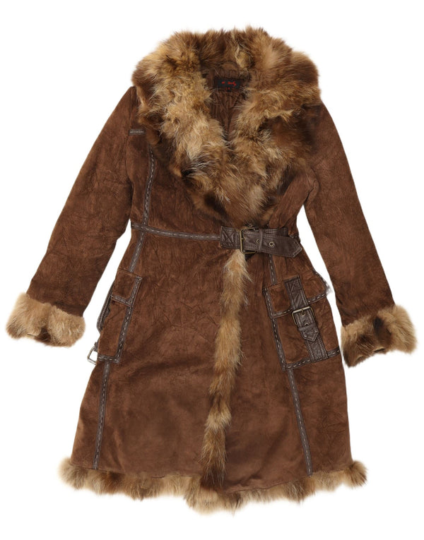 Rene Derhy damski płaszcz z zamszowego futra UK 14, średnio brązowa skóra