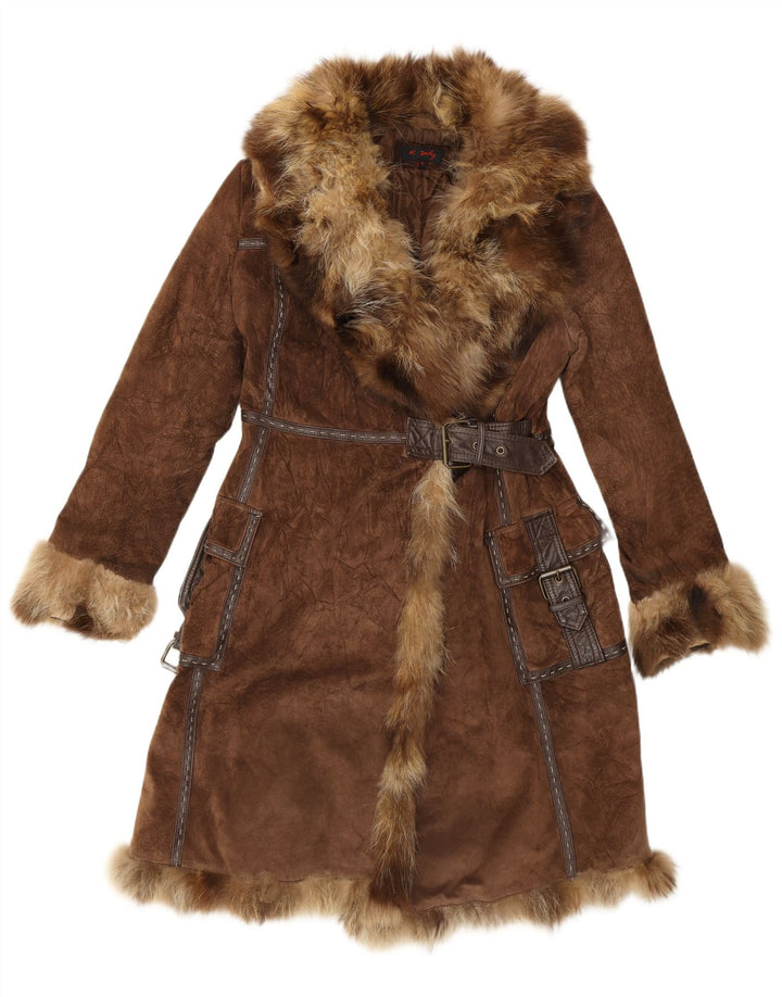 Rene Derhy damski płaszcz z zamszowego futra UK 14, średnio brązowa skóra