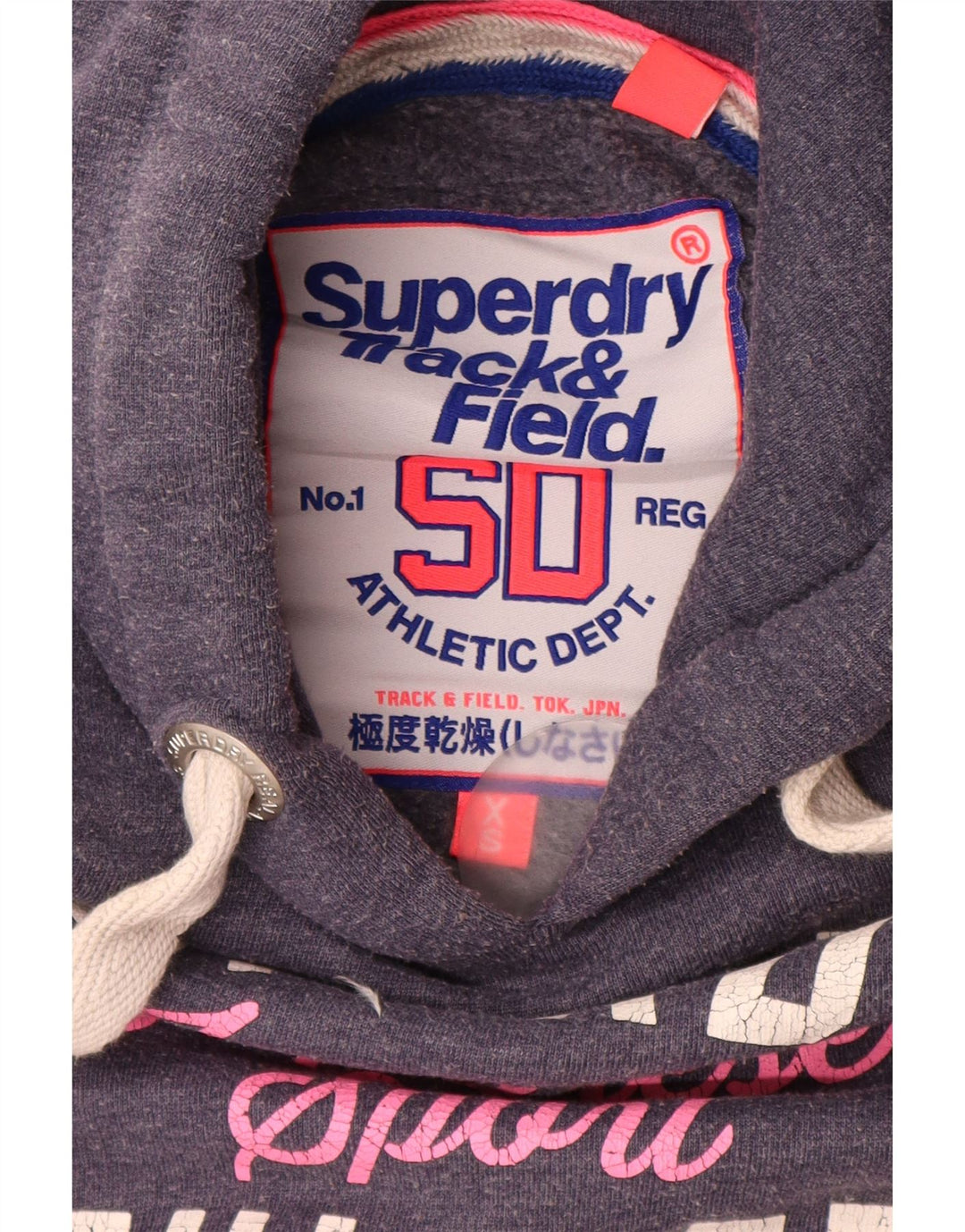 Damski sweter z kapturem i grafiką SUPERDRY UK 6 XS, granatowy, bawełniany