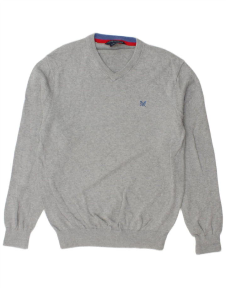 CREW CLOTHING Męski sweter z dekoltem w kształcie litery V, średnioszary, bawełniany w cętki