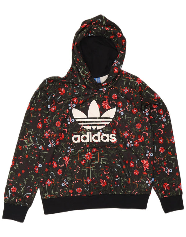 Damska bluza z kapturem Adidas Graphic UK 16, duża, czarna, z kwiatowym poliestrem