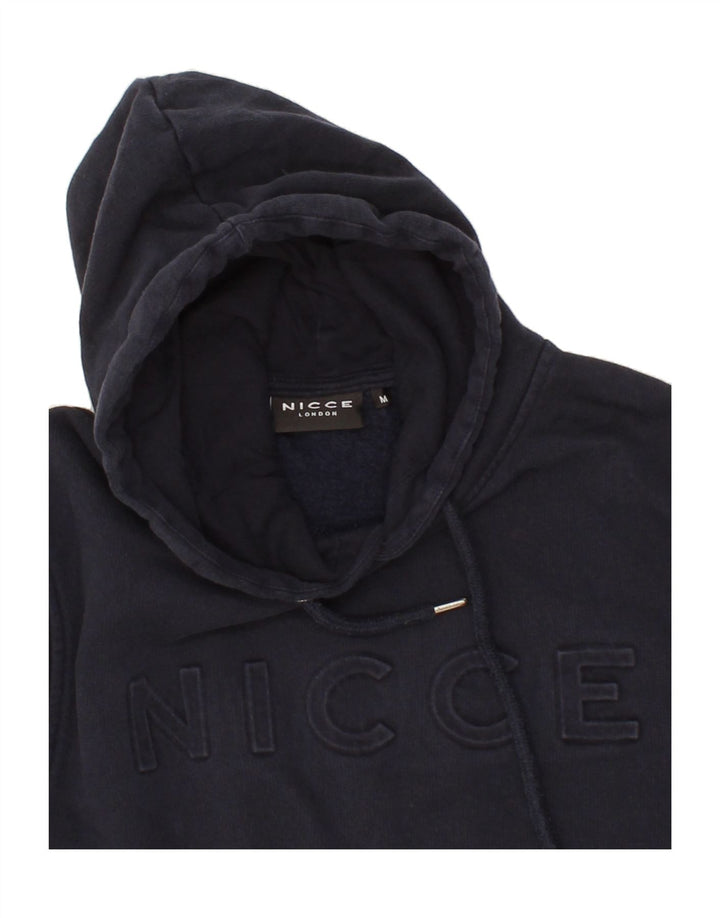 NICCE Mens Graphic Hoodie Jumper Medium Navy Blue Cotton Vintage Nicce and Second-Hand Nicce from Messina Hembry 
