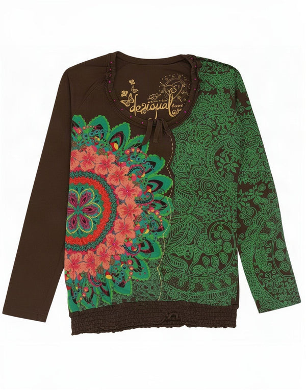 Desigual damski top graficzny z długim rękawem UK 14, duży, zielony, bawełniany w kwiaty
