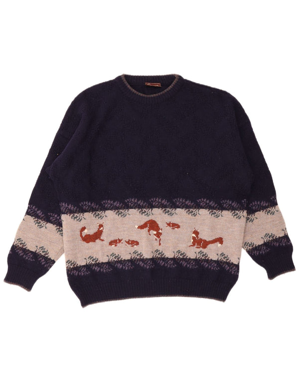 Męski sweter w stylu vintage z graficznym wycięciem pod szyją XL, fioletowa wełna z blokami kolorów