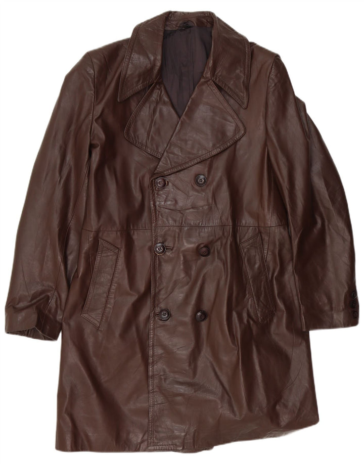 Vintage męski płaszcz skórzany z podwójnymi piersiami UK 36 Small Brown