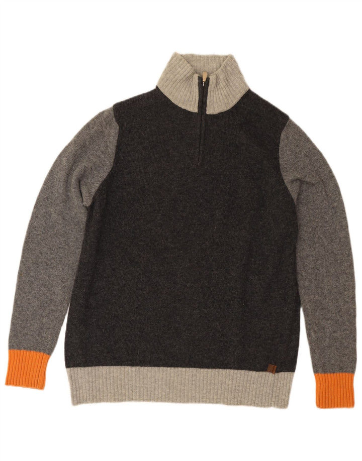 Męski sweter zapinany na zamek TRUSSARDI, średnioszary, wełniany z blokami kolorów