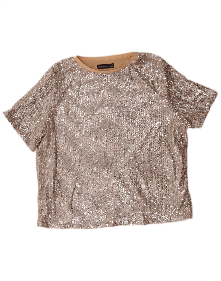 Marks & Spencer Damska cekinowa bluzka oversize UK 16, duża, srebrna