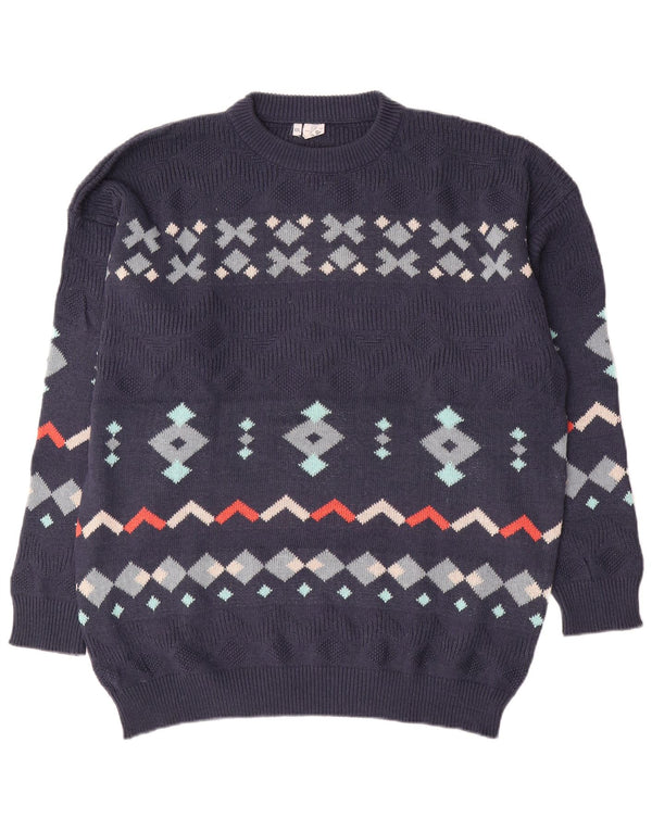 Vintage męski sweter z okrągłym dekoltem 2XL, granatowa, geometryczna bawełna