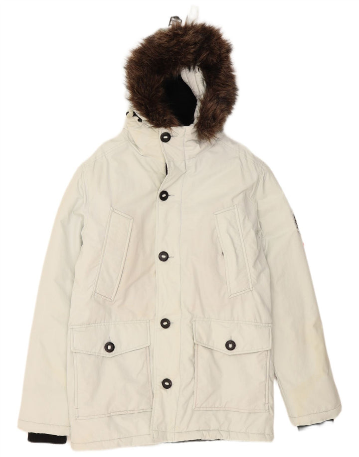 Męska kurtka parka z kapturem Superdry UK 36, mała, biała, poliestrowa