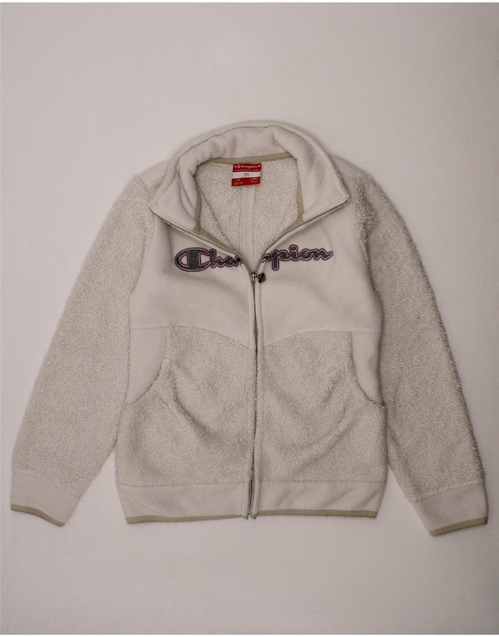 CHAMPION Girls Graphic Fleece Jacket 9-10 Years Medium Off White Polyester Vintage Champion and Second-Hand Champion from Messina Hembry 
