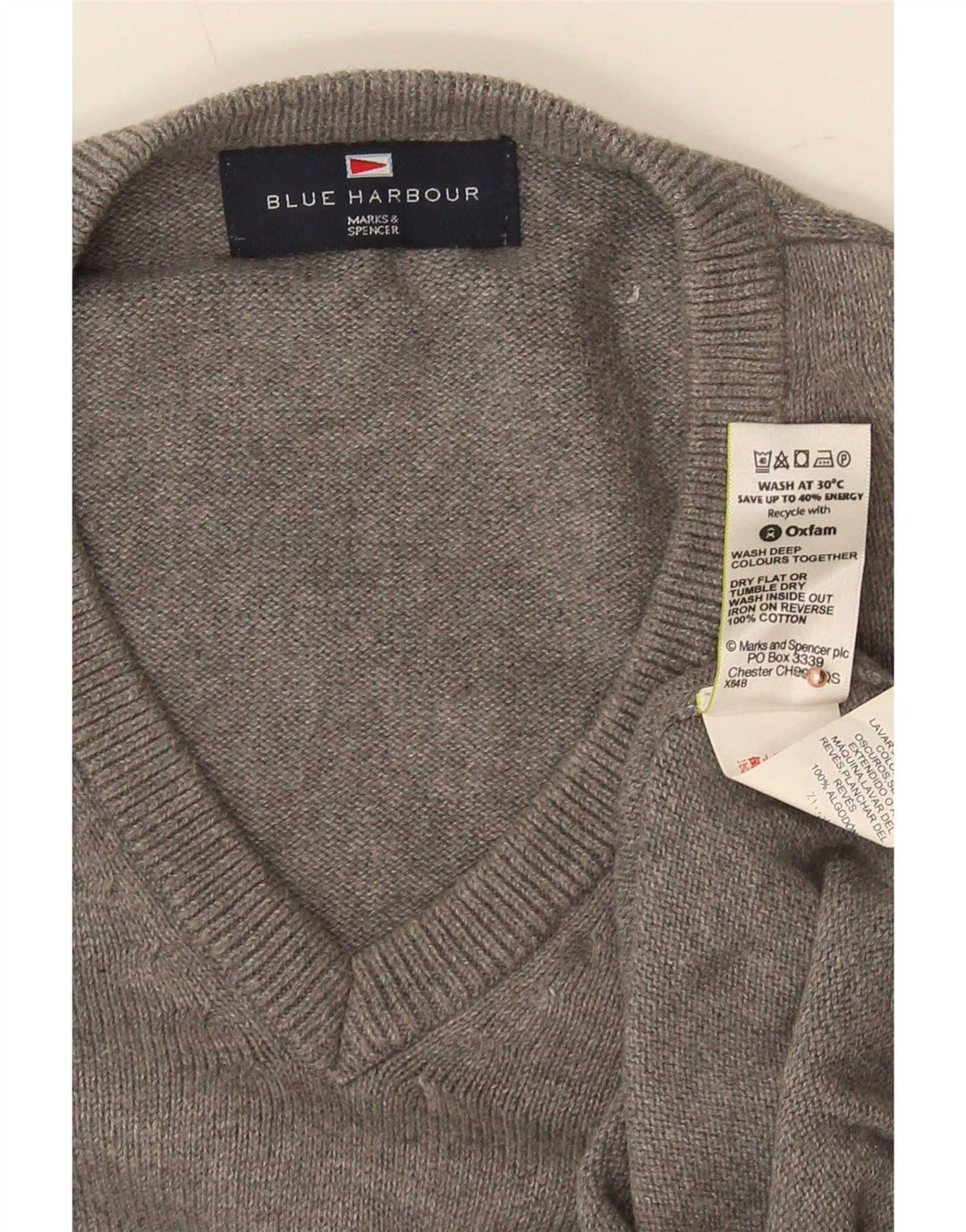 Męski sweter Marks & Spencer Blue Harbor z dekoltem w kształcie litery V, średnioszary, bawełniany
