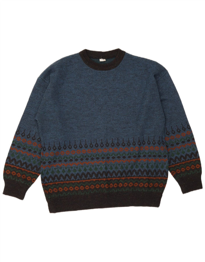 Vintage męski sweter z okrągłym dekoltem, średni niebieski Fair Isle