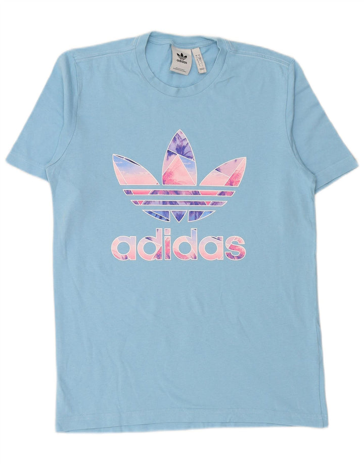 Męski T-shirt z grafiką ADIDAS, mały, niebieski, bawełniany
