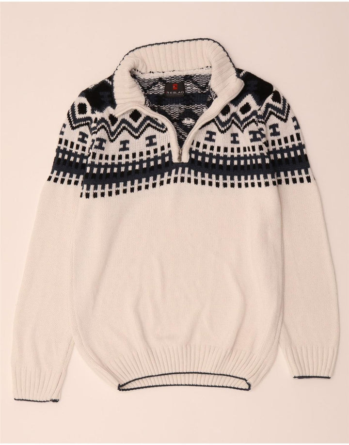 Vintage męski sweter z zamkiem błyskawicznym, duży biały geometryczny poliakryl